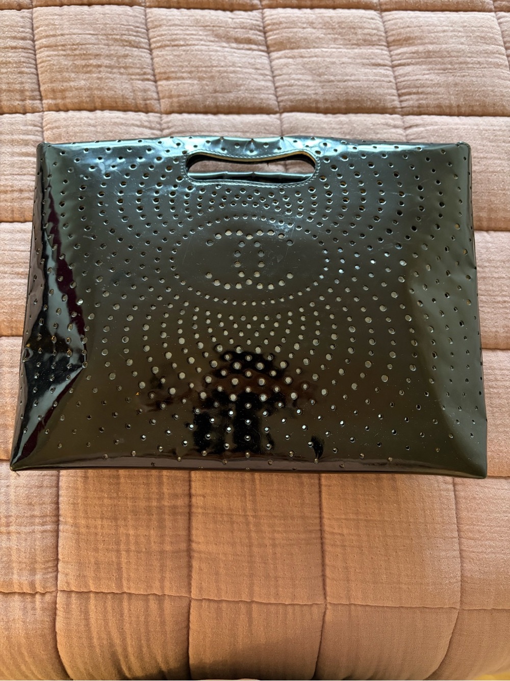 CHANEL Black Patent Perforated Clutch with Cutout Handle